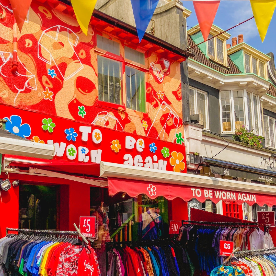 To Be Worn Again Vintage shop in Brighton colourful sustainable fashion retail on Kensington Gardens in the North Laines