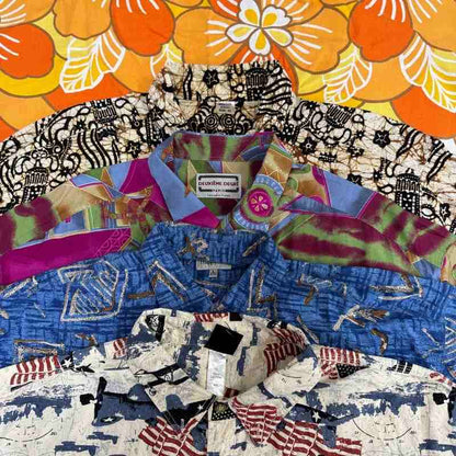 Collection of colorful patterned shirts with visible brand labels on a floral background.