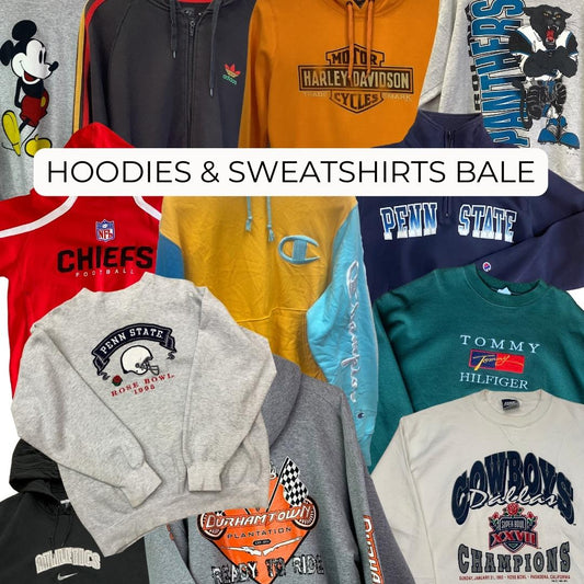 Wholesale print branded and sports hoodies and sweatshirts. Shop wholesale vintage and secondhand clothing bales and bundles online from Brighton's biggest vintage retailer. International shipping available. Book to handpick vintage from our warehouse in Sussex, UK or via video call online.