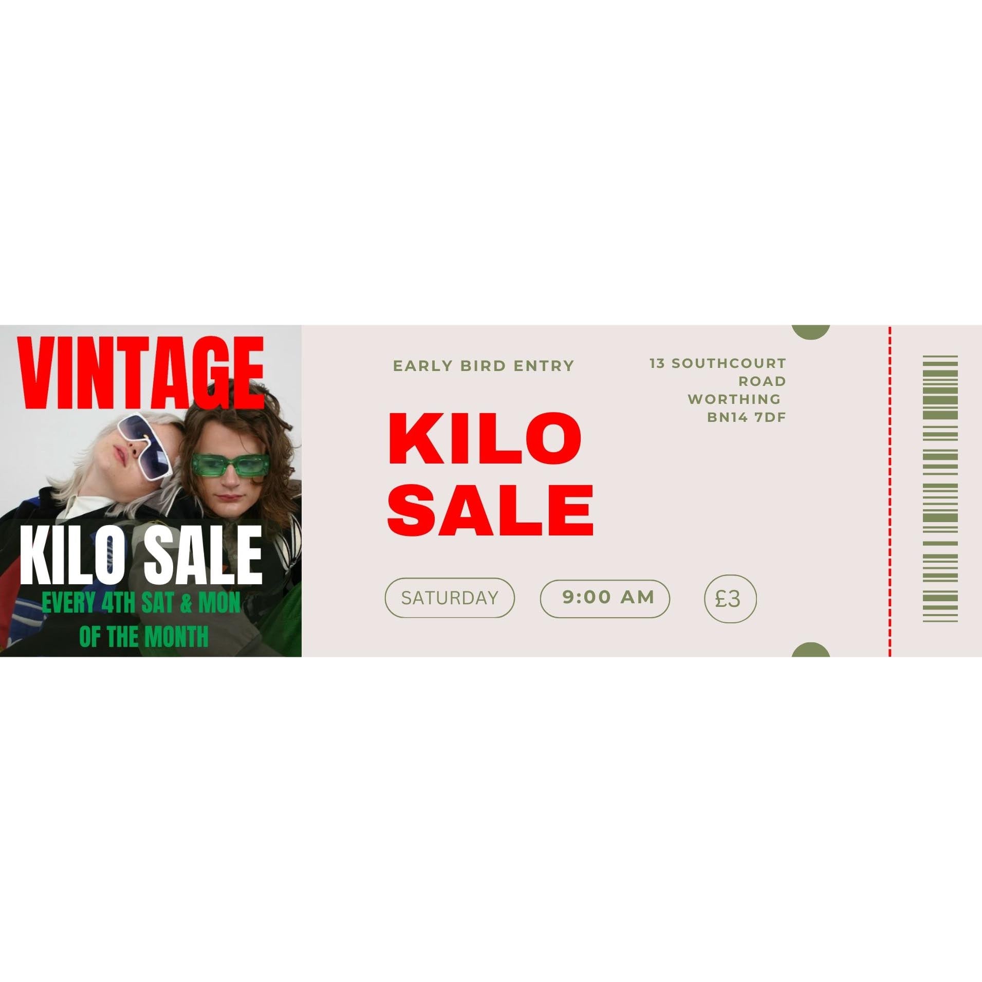 Vintage clothing kilo sale early bird ticket 
