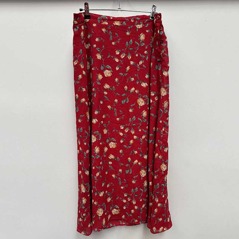 wholesale job lot of midi and knee length skirts - red floral skirt, example of what you might receive
