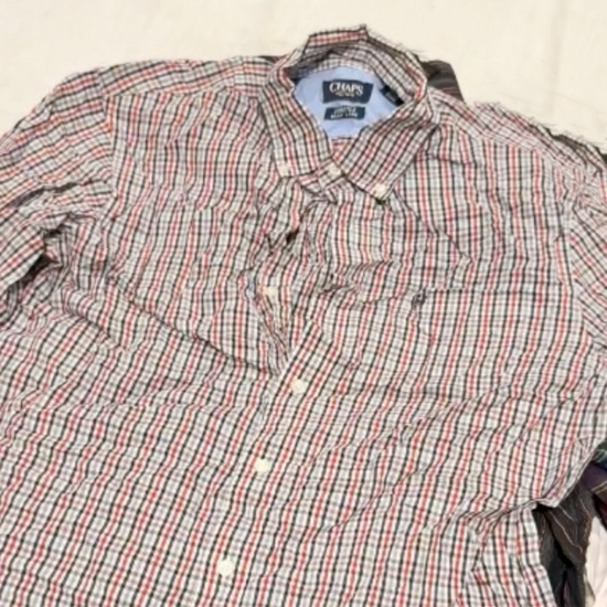 Unboxing of a 45kg vintage wholesale bale featuring mostly branded men’s long sleeve shirts from Ralph Lauren, Tommy Hilfiger, Columbia, and similar labels.