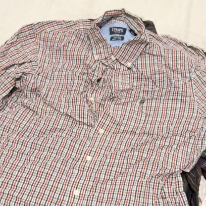 Unboxing of a 45kg vintage wholesale bale featuring mostly branded men’s long sleeve shirts from Ralph Lauren, Tommy Hilfiger, Columbia, and similar labels.