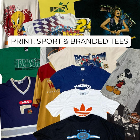 Wholesale vintage and secondhand mixed bundles of printed, graphic, sports and branded T-shirts. Choose from Grade A, B or ungraded to bulk buy per kilo, piece or bale. Handpick available in Sussex warehouse of Brighton's biggest vintage retailer or shop at monthly kilo sale events.